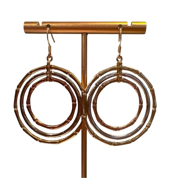 Vintage Gold/Silver/Bronze Triple Hoop Bamboo 2”Drop Earrings - Picture 1 of 5